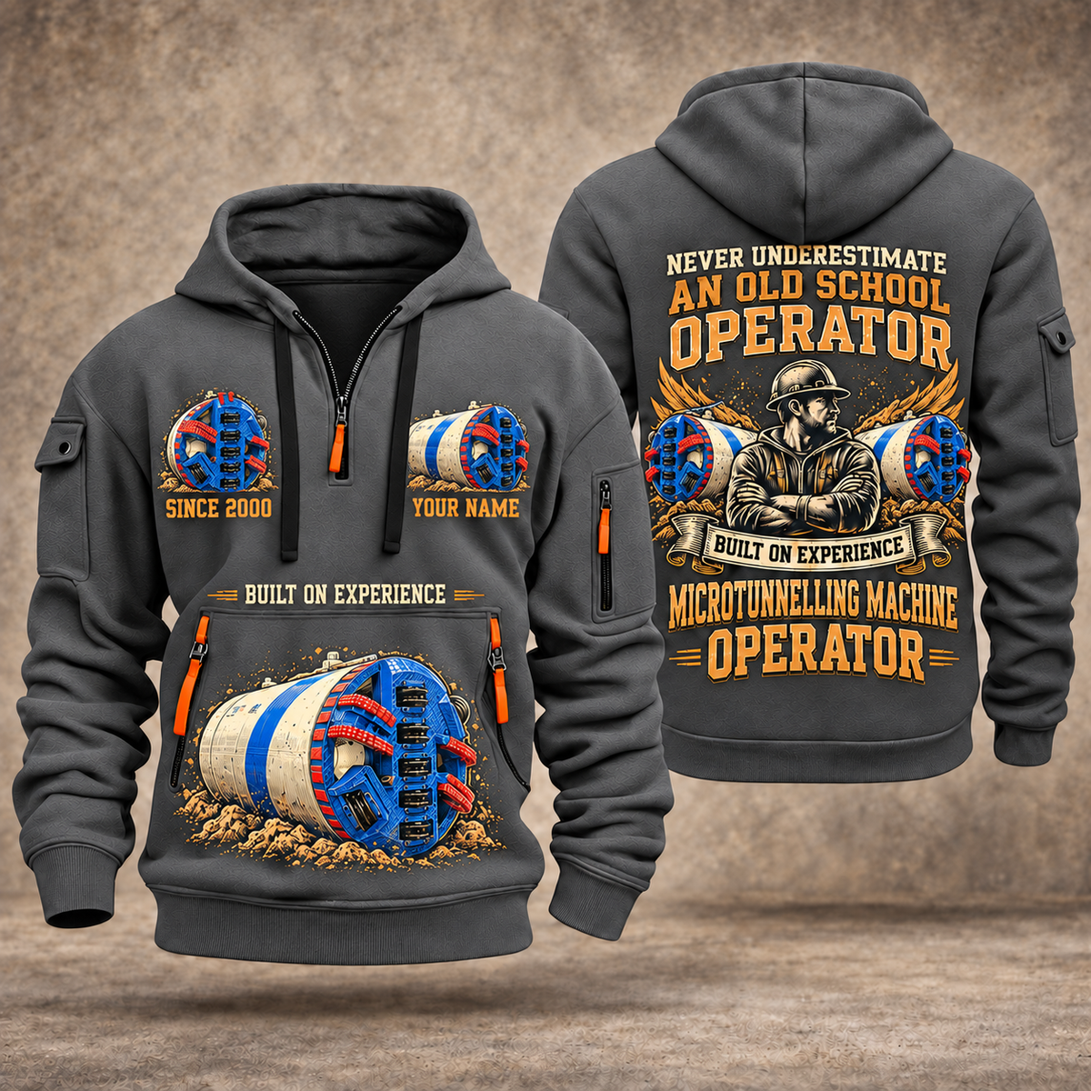 Akkerman SL60P Microtunnelling Machine quarter zip hoodie in Gray, front and back views, sample YOUR NAME and SINCE 2000 artwork