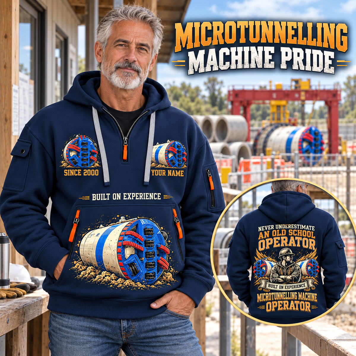 Akkerman SL60P Microtunnelling Machine quarter zip hoodie in Navy, adult lifestyle portrait showing front and back artwork