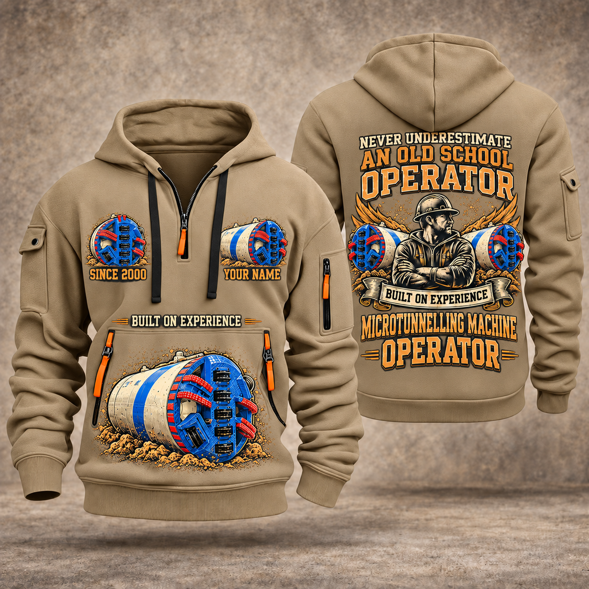 Akkerman SL60P Microtunnelling Machine quarter zip hoodie in Khaki, front and back views, sample YOUR NAME and SINCE 2000 artwork