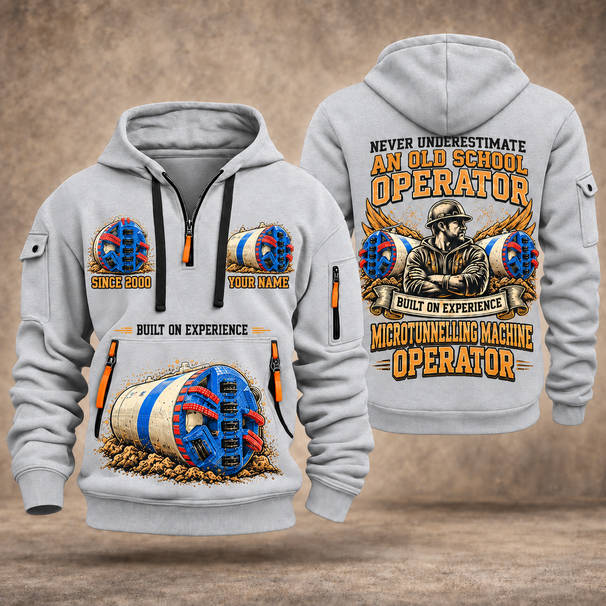 Akkerman SL60P Microtunnelling Machine quarter zip hoodie in Light Grey, front and back views, sample YOUR NAME and SINCE 2000 artwork