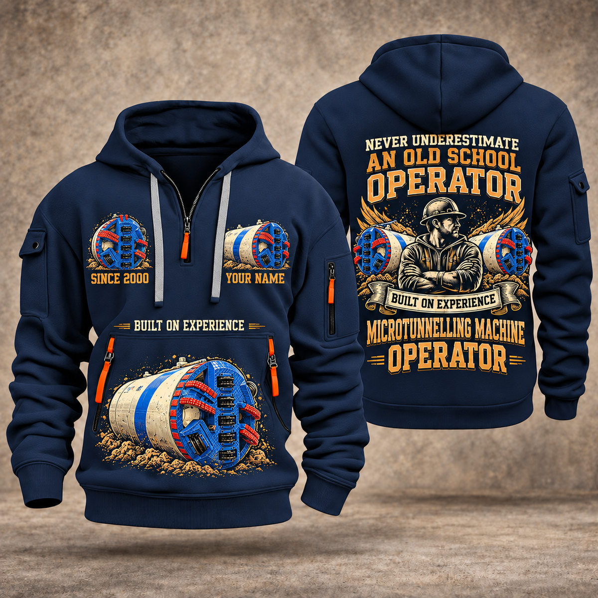 Akkerman SL60P Microtunnelling Machine quarter zip hoodie in Navy, front and back views, sample YOUR NAME and SINCE 2000 artwork