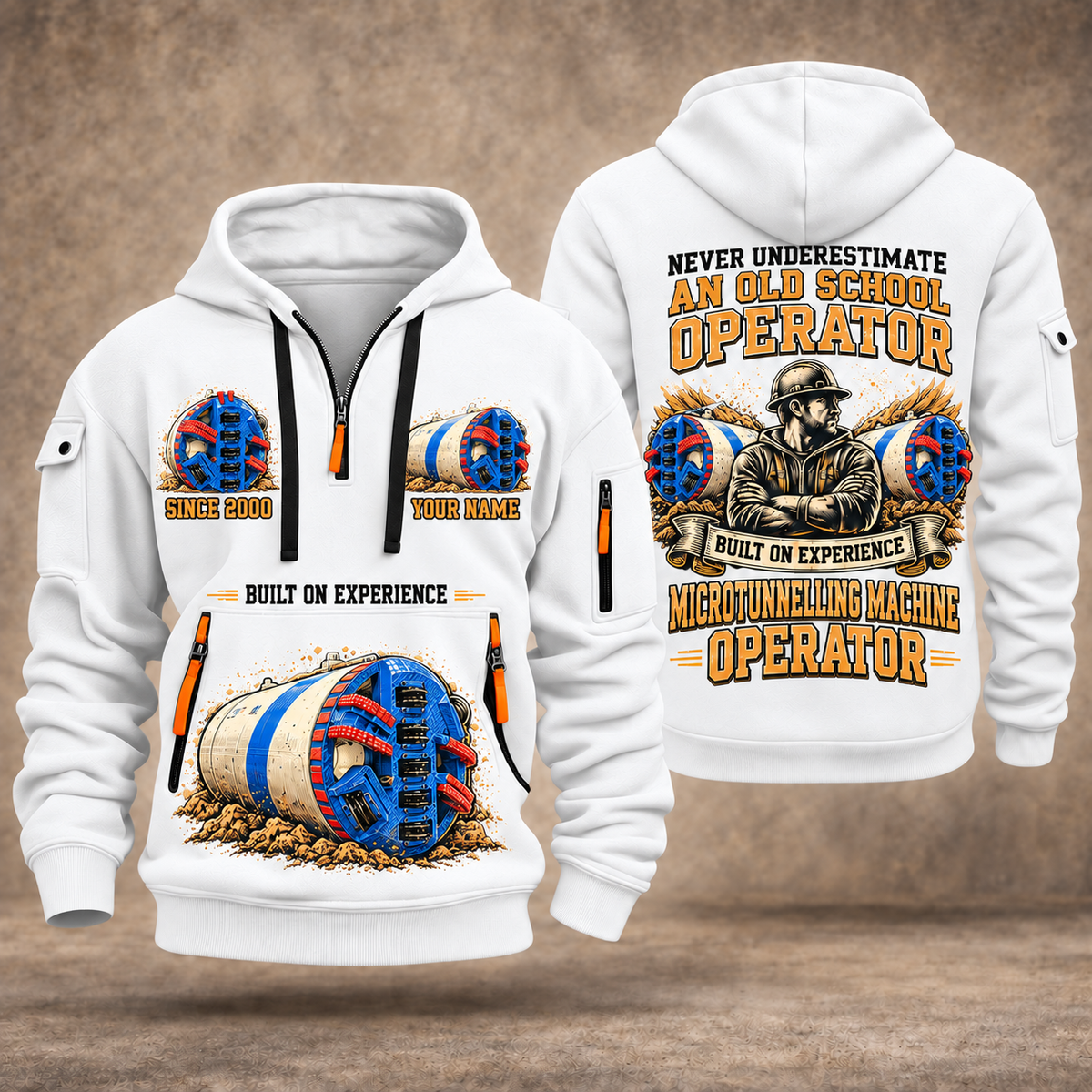 Akkerman SL60P Microtunnelling Machine quarter zip hoodie in White, front and back views, sample YOUR NAME and SINCE 2000 artwork