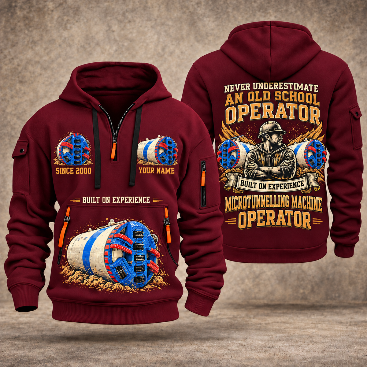 Akkerman SL60P Microtunnelling Machine quarter zip hoodie in Wine Red, front and back views, sample YOUR NAME and SINCE 2000 artwork