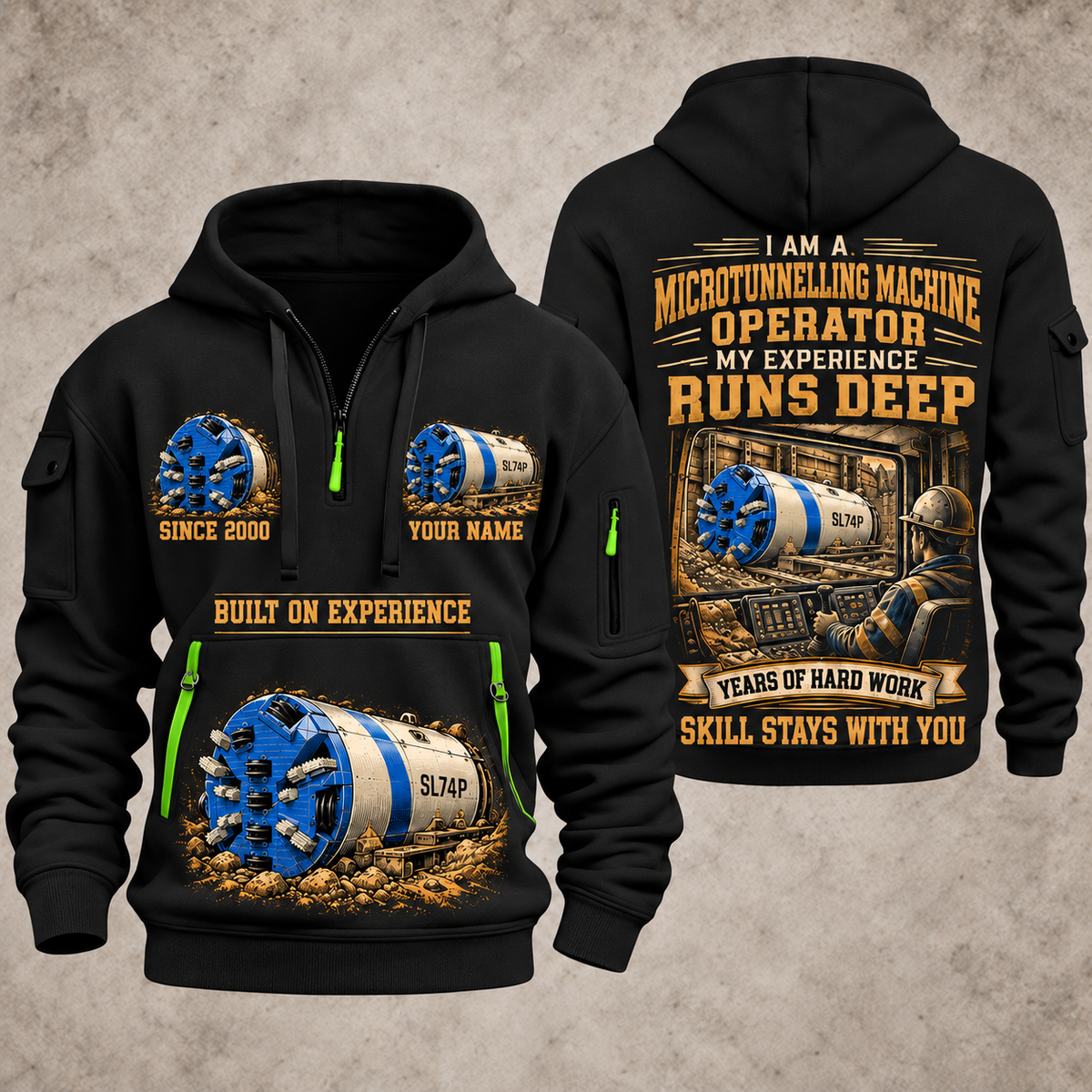 Akkerman SL74P Microtunnelling Machine quarter zip hoodie in Black, front and back views, sample YOUR NAME and SINCE 2000 artwork