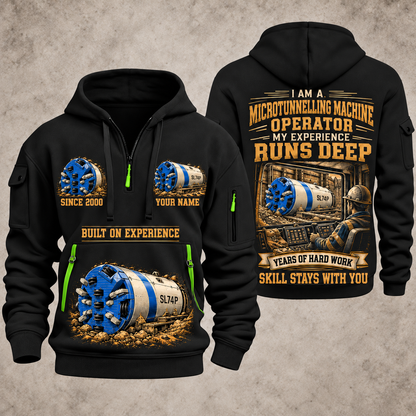 Akkerman SL74P Microtunnelling Machine quarter zip hoodie in Black, front and back views, sample YOUR NAME and SINCE 2000 artwork