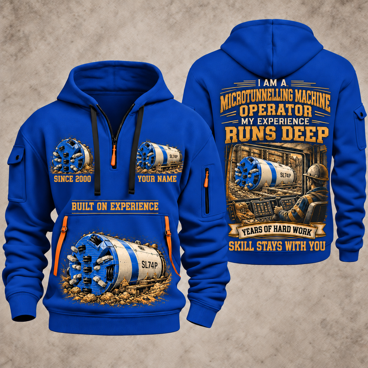 Akkerman SL74P Microtunnelling Machine quarter zip hoodie in Blue, front and back views, sample YOUR NAME and SINCE 2000 artwork