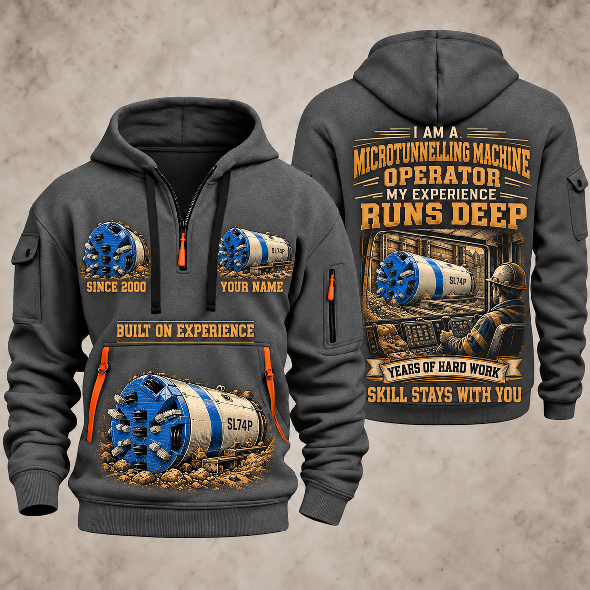 Akkerman SL74P Microtunnelling Machine quarter zip hoodie in Gray, front and back views, sample YOUR NAME and SINCE 2000 artwork