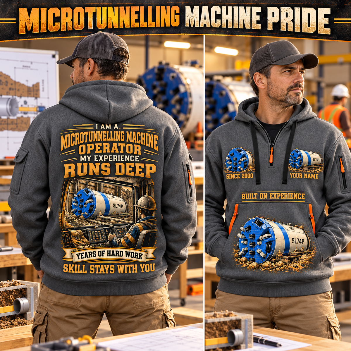 Akkerman SL74P Microtunnelling Machine quarter zip hoodie in Gray, adult lifestyle portrait showing front and back artwork