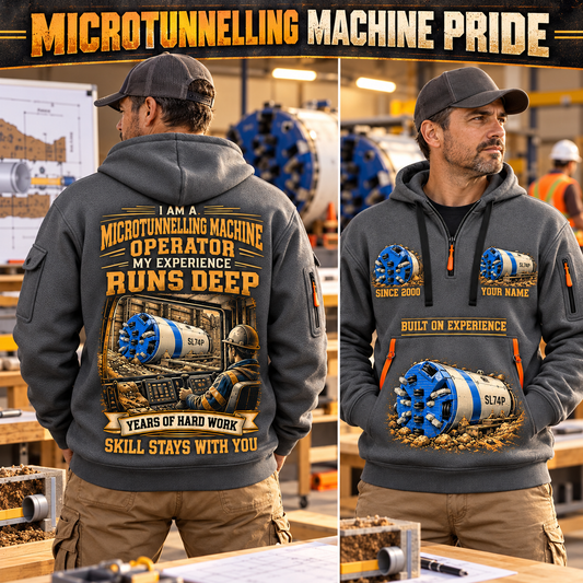 Akkerman SL74P Microtunnelling Machine quarter zip hoodie in Gray, adult lifestyle portrait showing front and back artwork