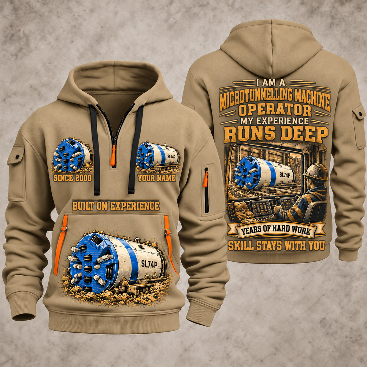 Akkerman SL74P Microtunnelling Machine quarter zip hoodie in Khaki, front and back views, sample YOUR NAME and SINCE 2000 artwork