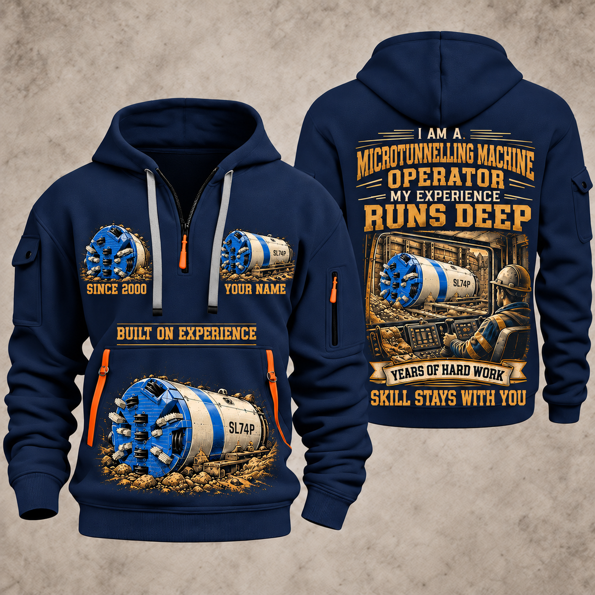 Akkerman SL74P Microtunnelling Machine quarter zip hoodie in Navy, front and back views, sample YOUR NAME and SINCE 2000 artwork