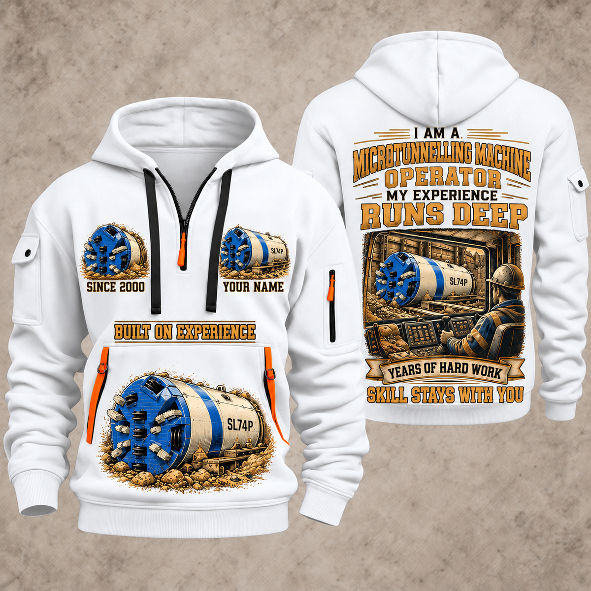 Akkerman SL74P Microtunnelling Machine quarter zip hoodie in White, front and back views, sample YOUR NAME and SINCE 2000 artwork