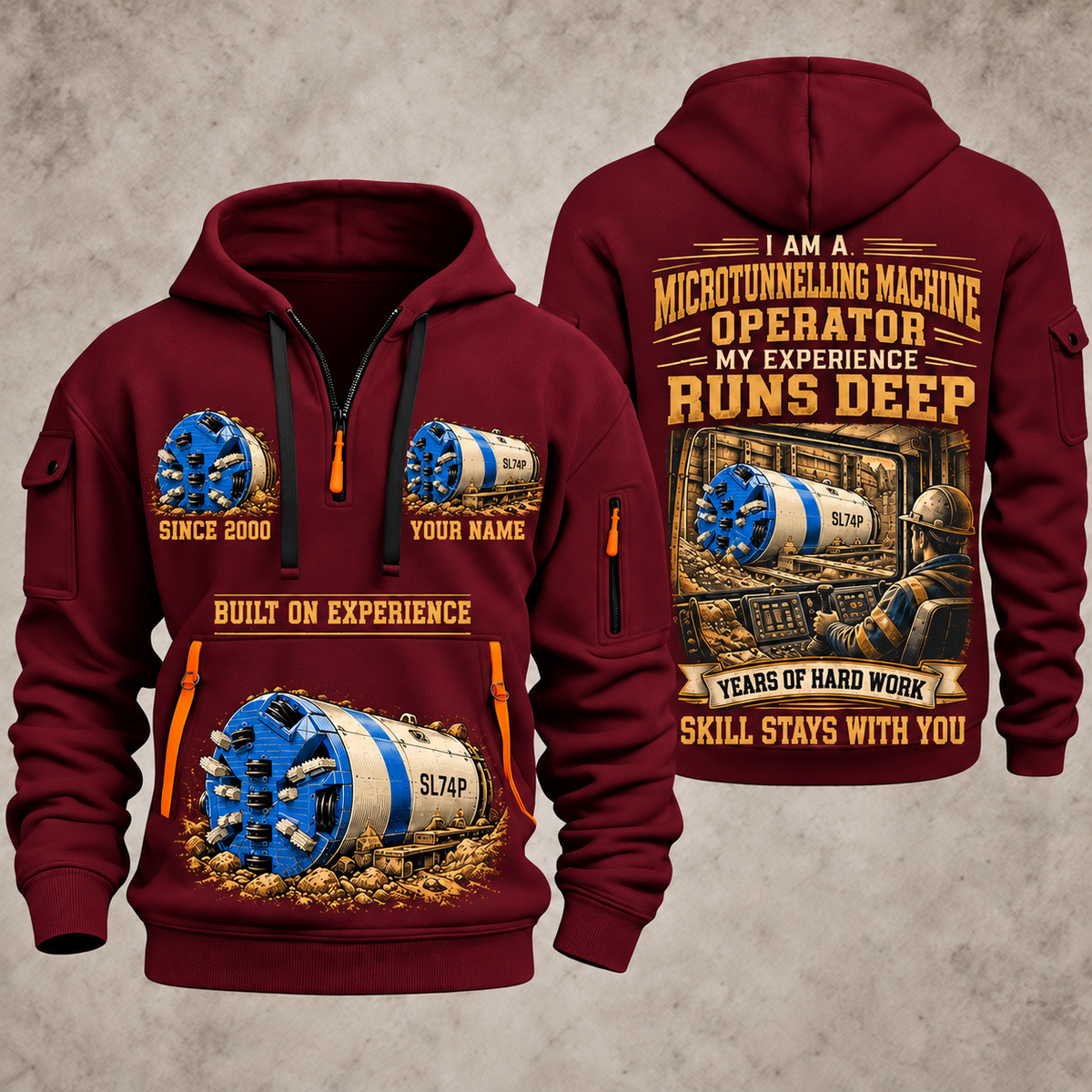 Akkerman SL74P Microtunnelling Machine quarter zip hoodie in Wine Red, front and back views, sample YOUR NAME and SINCE 2000 artwork