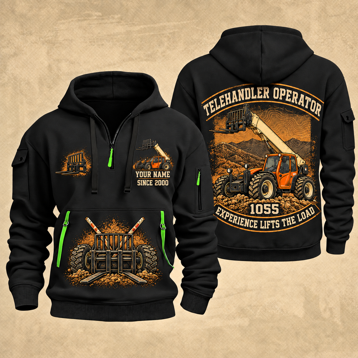 JLG 1055 Telehandler quarter zip hoodie in Black, front and back views, sample YOUR NAME and SINCE 2000 artwork