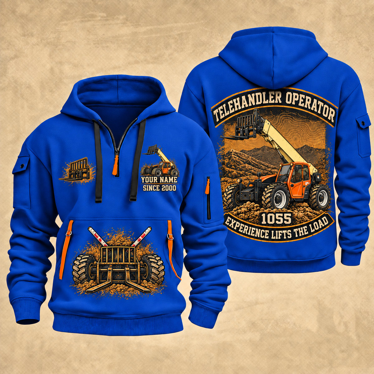 JLG 1055 Telehandler quarter zip hoodie in Blue, front and back views, sample YOUR NAME and SINCE 2000 artwork