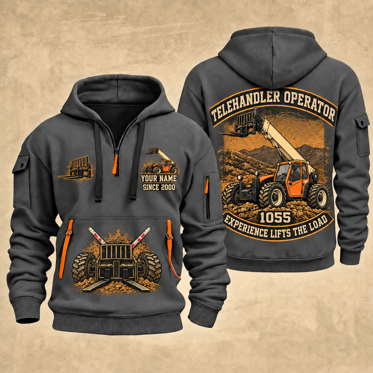 JLG 1055 Telehandler quarter zip hoodie in Gray, front and back views, sample YOUR NAME and SINCE 2000 artwork