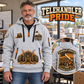 JLG 1055 Telehandler quarter zip hoodie in Light Grey, adult lifestyle portrait showing front and back artwork