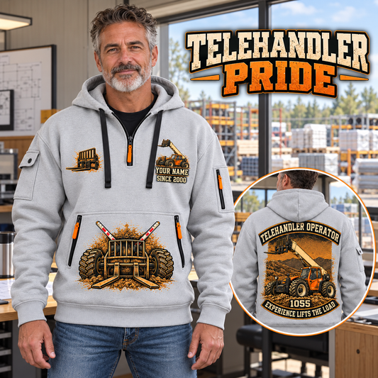 JLG 1055 Telehandler quarter zip hoodie in Light Grey, adult lifestyle portrait showing front and back artwork