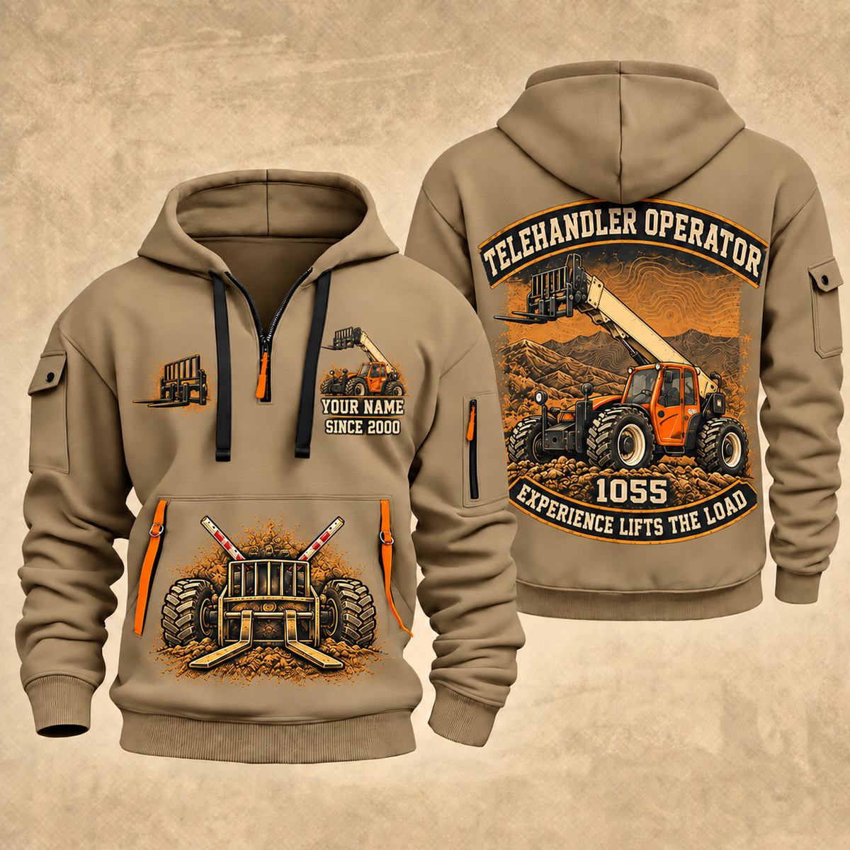 JLG 1055 Telehandler quarter zip hoodie in Khaki, front and back views, sample YOUR NAME and SINCE 2000 artwork