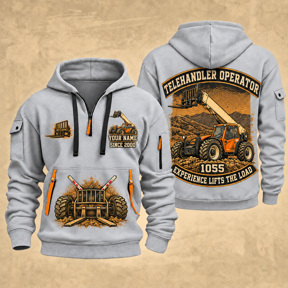 JLG 1055 Telehandler quarter zip hoodie in Light Grey, front and back views, sample YOUR NAME and SINCE 2000 artwork