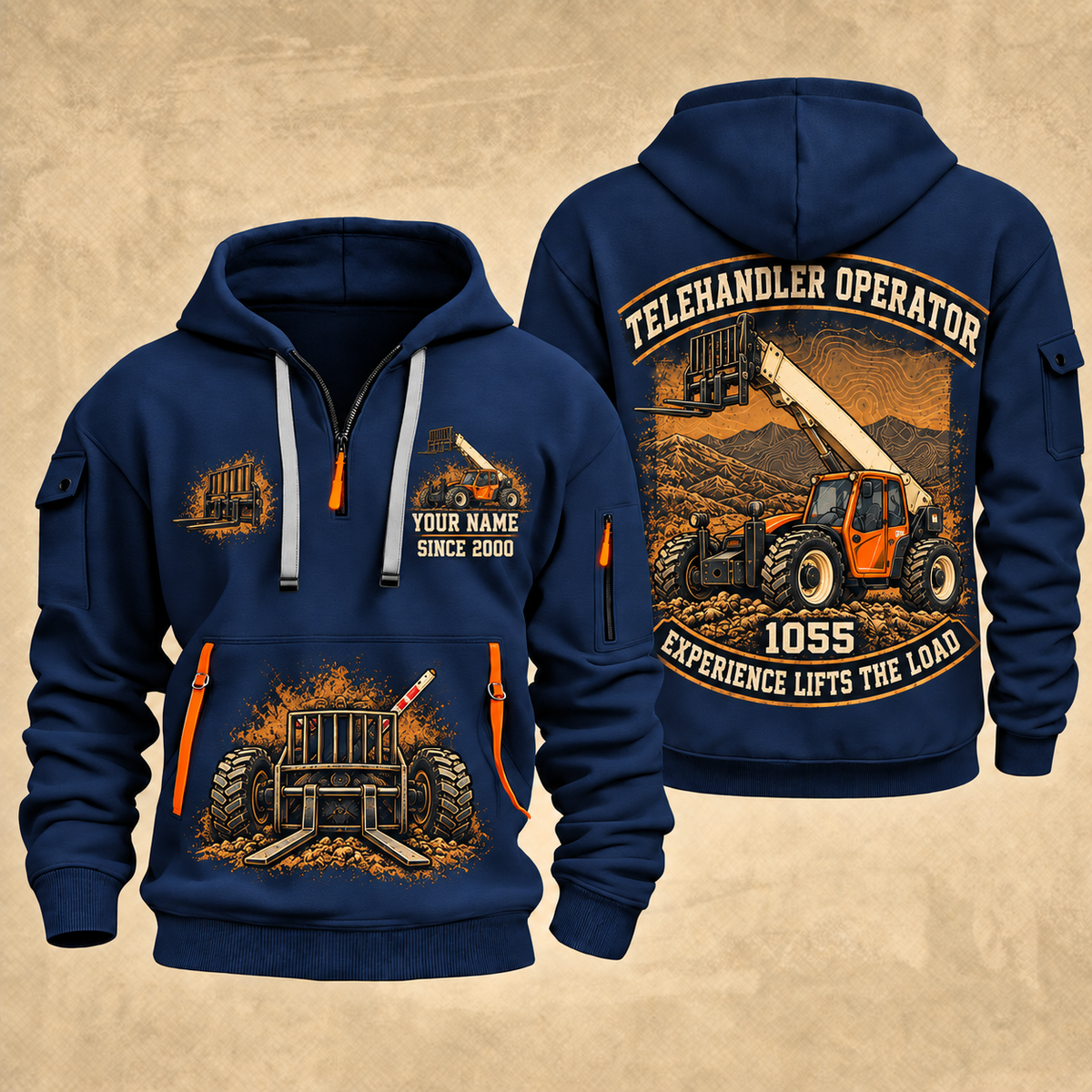 JLG 1055 Telehandler quarter zip hoodie in Navy, front and back views, sample YOUR NAME and SINCE 2000 artwork