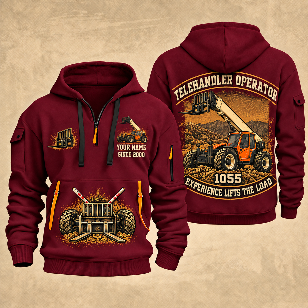 JLG 1055 Telehandler quarter zip hoodie in Wine Red, front and back views, sample YOUR NAME and SINCE 2000 artwork