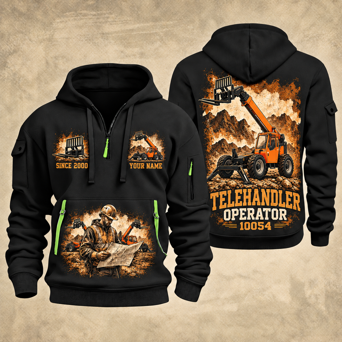 SkyTrak 10054 Telehandler quarter zip hoodie in Black, front and back views, sample YOUR NAME and SINCE 2000 artwork