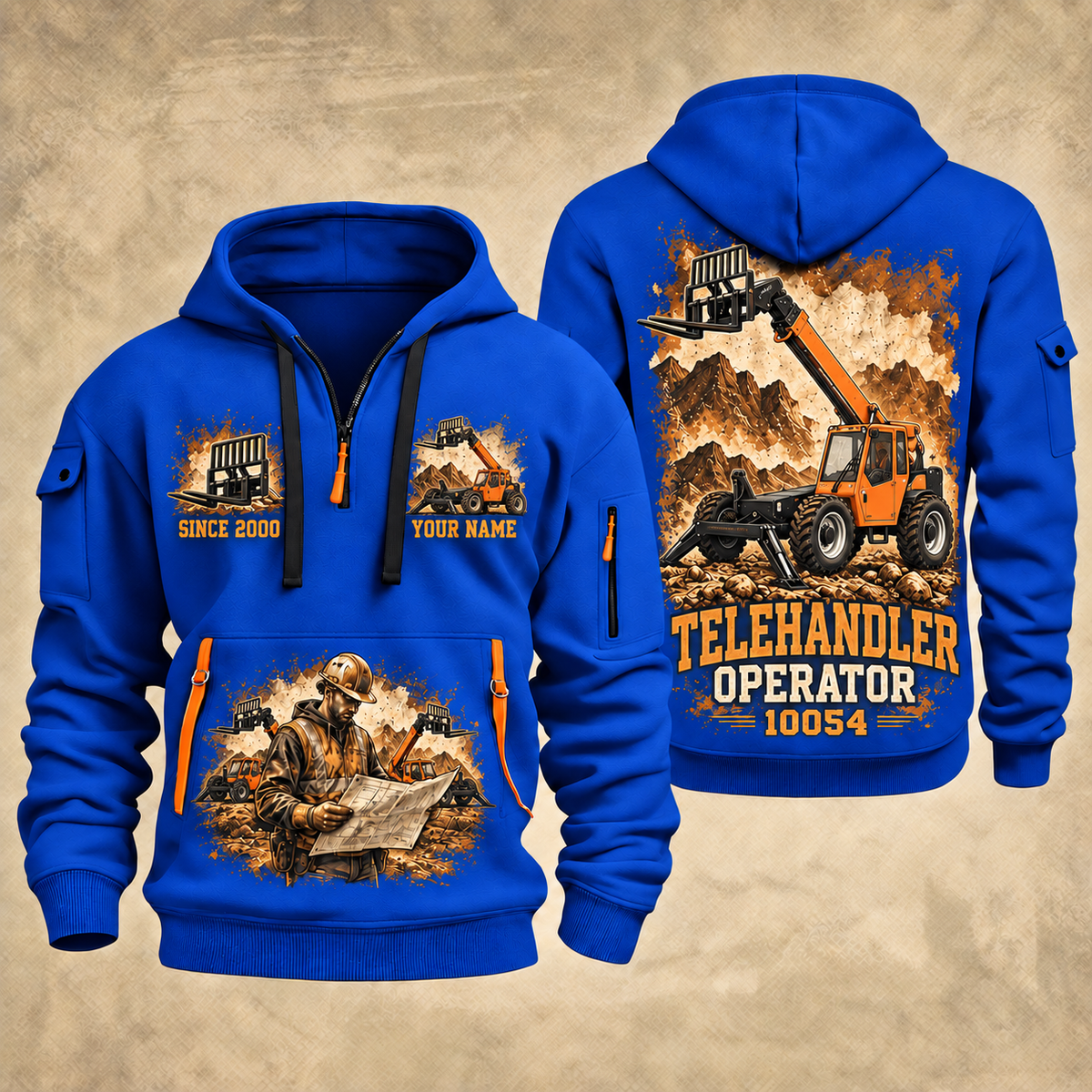 SkyTrak 10054 Telehandler quarter zip hoodie in Blue, front and back views, sample YOUR NAME and SINCE 2000 artwork