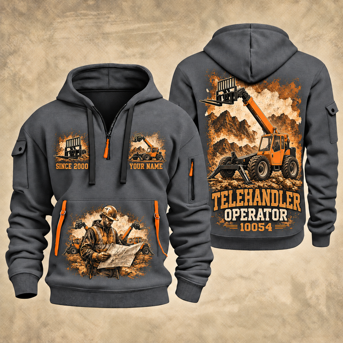 SkyTrak 10054 Telehandler quarter zip hoodie in Gray, front and back views, sample YOUR NAME and SINCE 2000 artwork