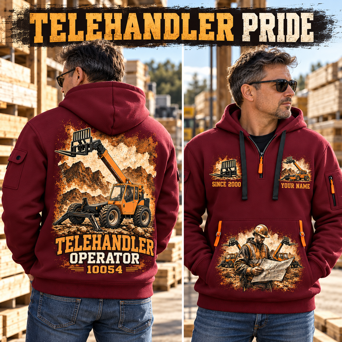 SkyTrak 10054 Telehandler quarter zip hoodie in Wine Red, adult lifestyle portrait showing front and back artwork