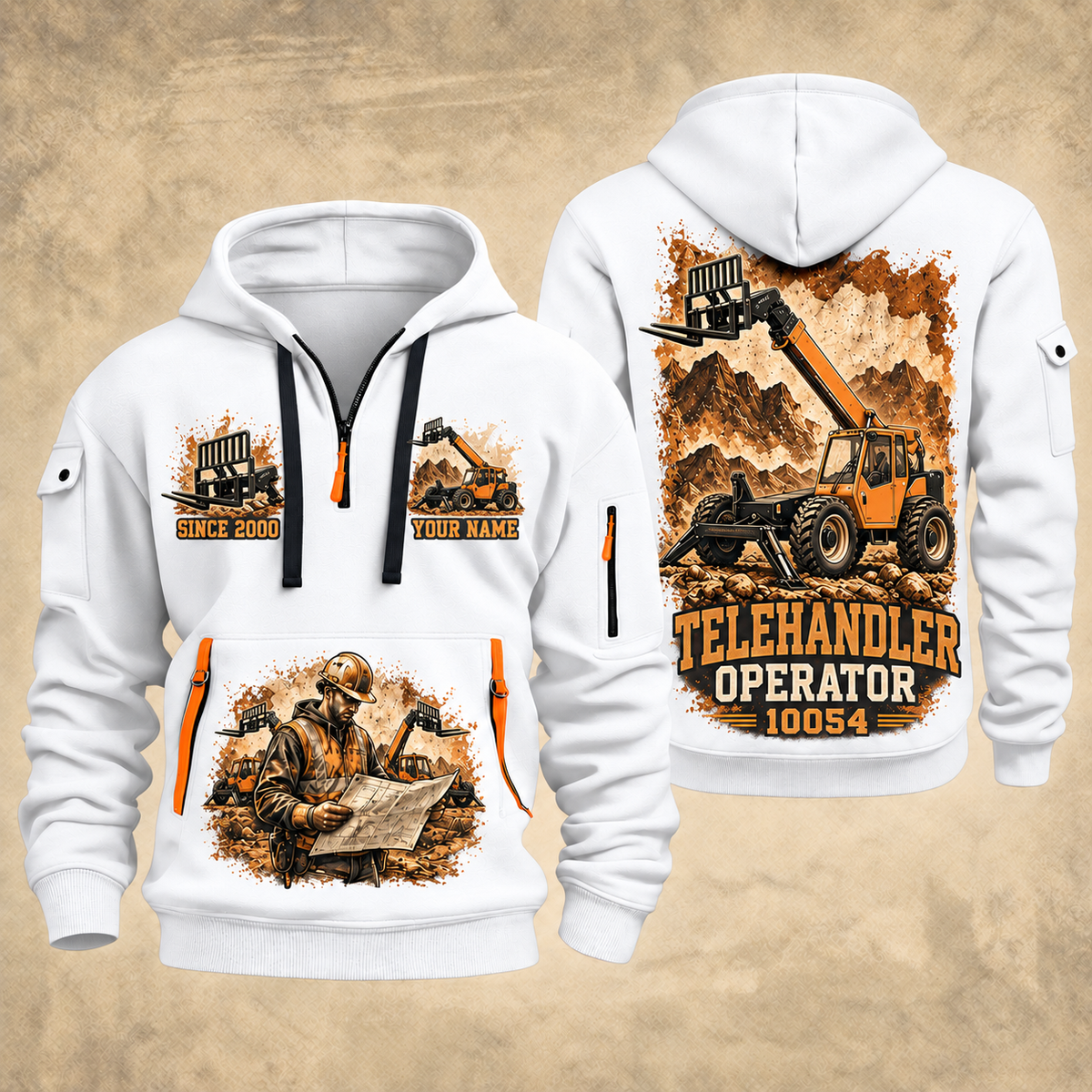 SkyTrak 10054 Telehandler quarter zip hoodie in White, front and back views, sample YOUR NAME and SINCE 2000 artwork