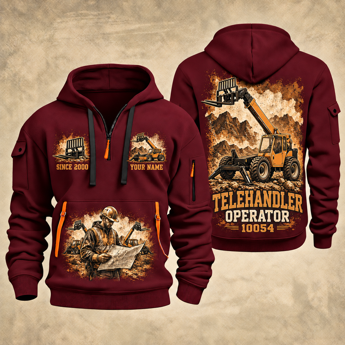 SkyTrak 10054 Telehandler quarter zip hoodie in Wine Red, front and back views, sample YOUR NAME and SINCE 2000 artwork