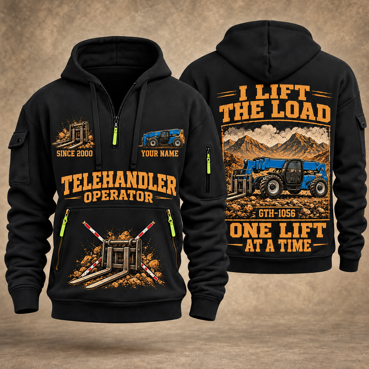 Genie GTH-1056 Telehandler quarter zip hoodie in Black, front and back views, sample YOUR NAME and SINCE 2000 artwork