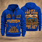 Genie GTH-1056 Telehandler quarter zip hoodie in Blue, front and back views, sample YOUR NAME and SINCE 2000 artwork