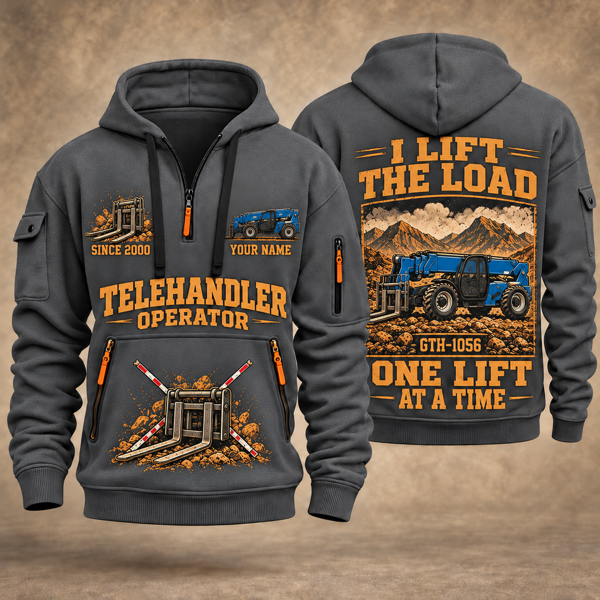 Genie GTH-1056 Telehandler quarter zip hoodie in Gray, front and back views, sample YOUR NAME and SINCE 2000 artwork