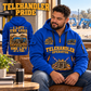 Genie GTH-1056 Telehandler quarter zip hoodie in Blue, adult lifestyle portrait showing front and back artwork