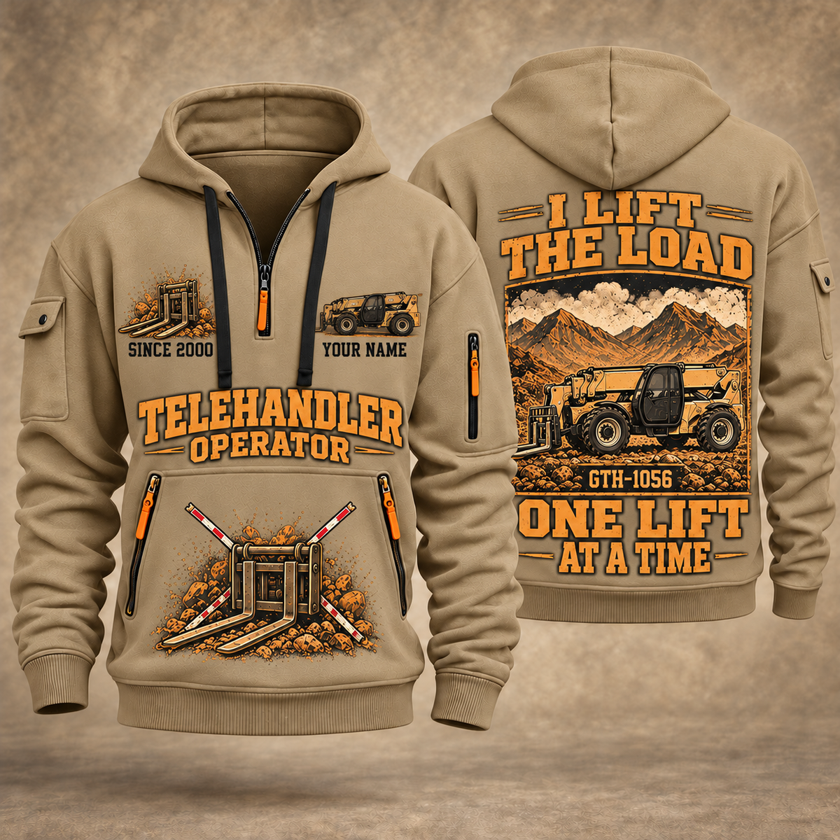 Genie GTH-1056 Telehandler quarter zip hoodie in Khaki, front and back views, sample YOUR NAME and SINCE 2000 artwork