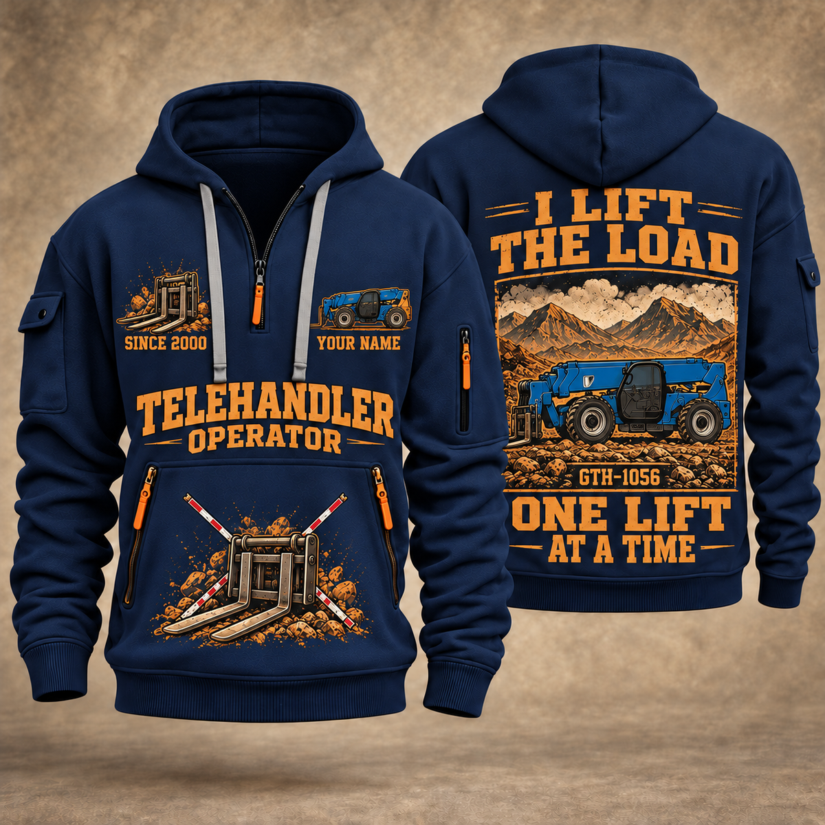 Genie GTH-1056 Telehandler quarter zip hoodie in Navy, front and back views, sample YOUR NAME and SINCE 2000 artwork