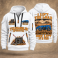 Genie GTH-1056 Telehandler quarter zip hoodie in White, front and back views, sample YOUR NAME and SINCE 2000 artwork