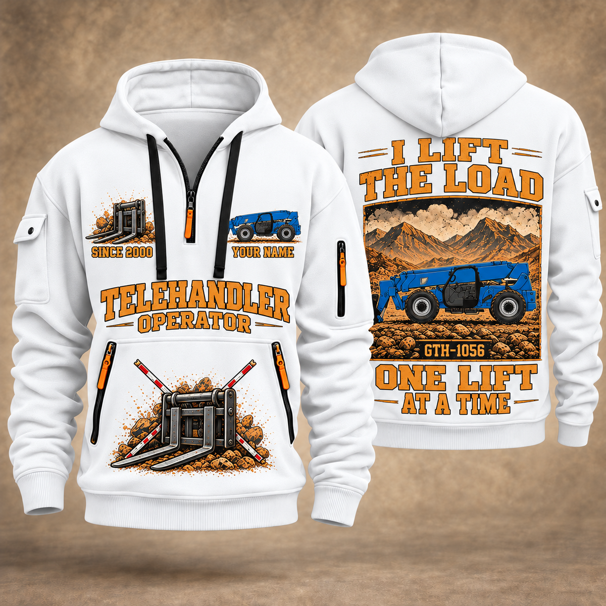 Genie GTH-1056 Telehandler quarter zip hoodie in White, front and back views, sample YOUR NAME and SINCE 2000 artwork