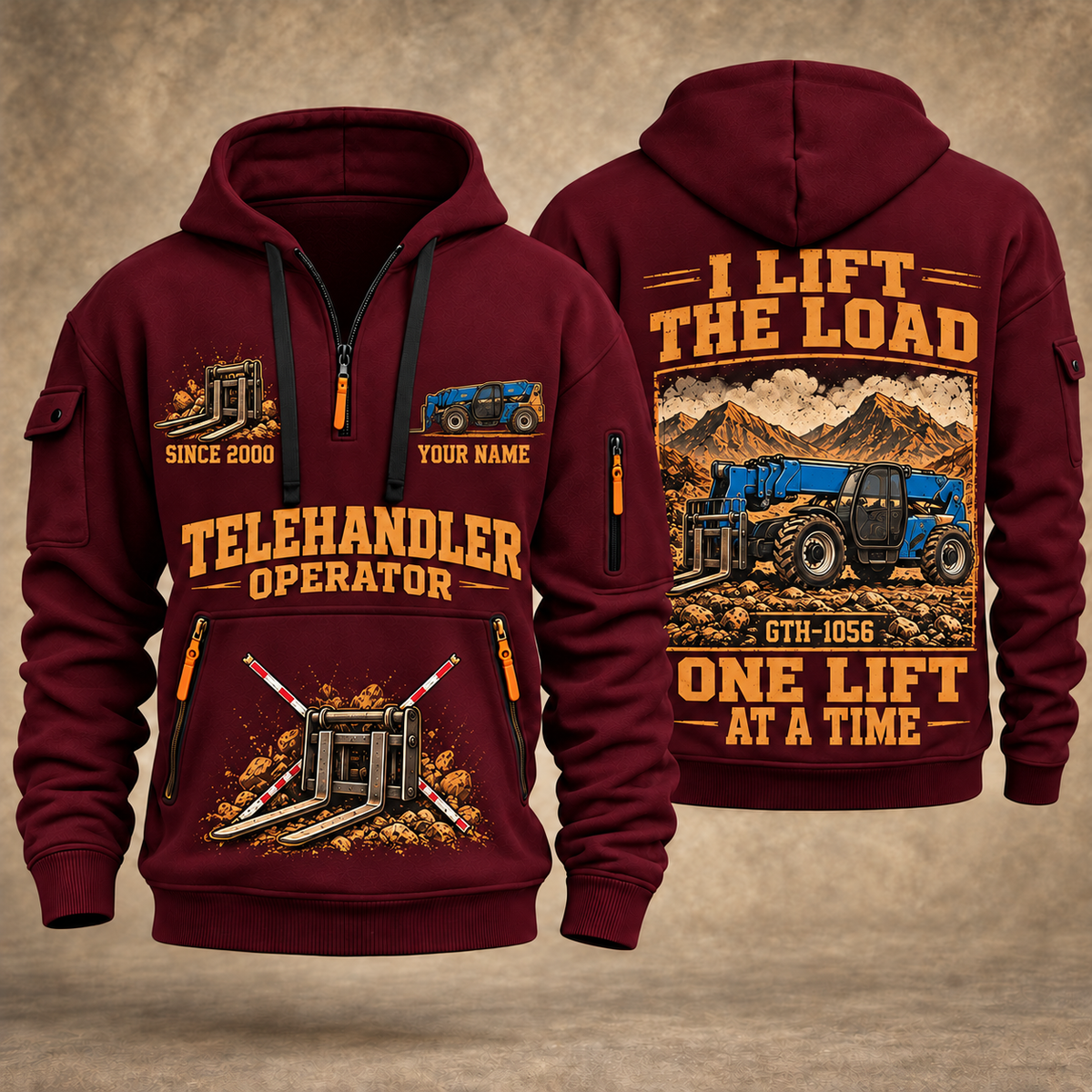 Genie GTH-1056 Telehandler quarter zip hoodie in Wine Red, front and back views, sample YOUR NAME and SINCE 2000 artwork