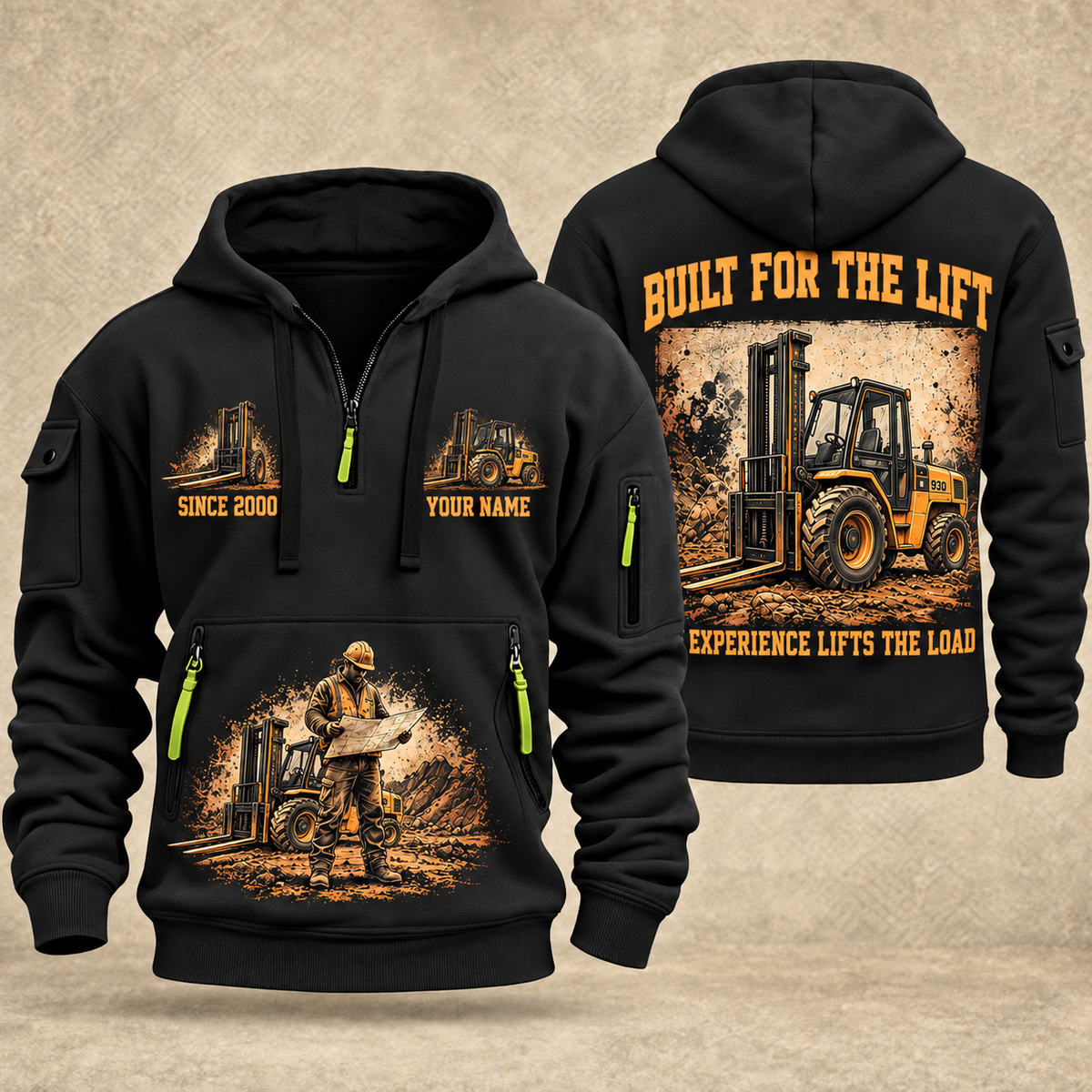 JCB 930 Rough-Terrain Forklift quarter zip hoodie in Black, front and back views, sample YOUR NAME and SINCE 2000 artwork