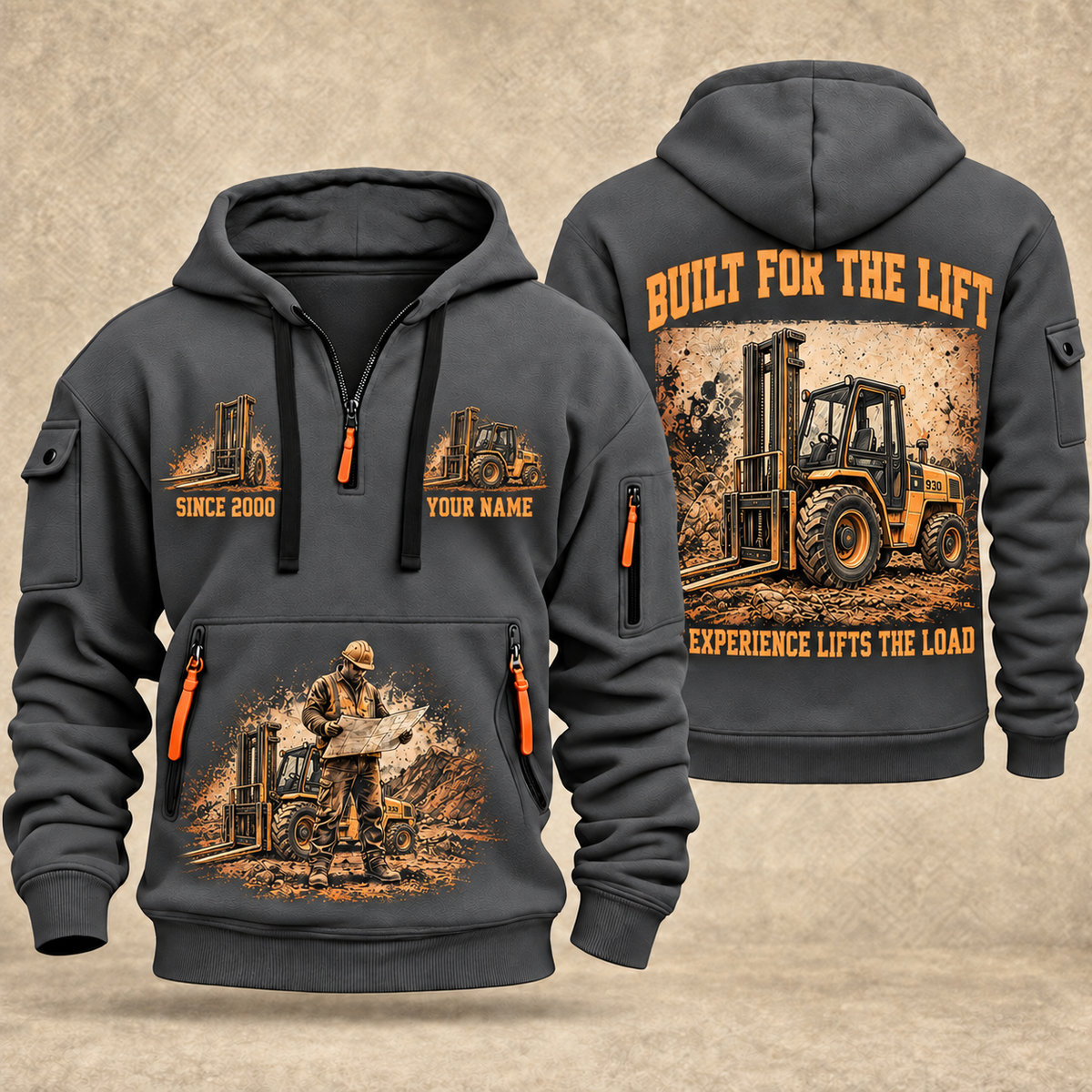 JCB 930 Rough-Terrain Forklift quarter zip hoodie in Gray, front and back views, sample YOUR NAME and SINCE 2000 artwork