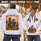 JCB 930 Rough-Terrain Forklift quarter zip hoodie in White, adult lifestyle portrait showing front and back artwork