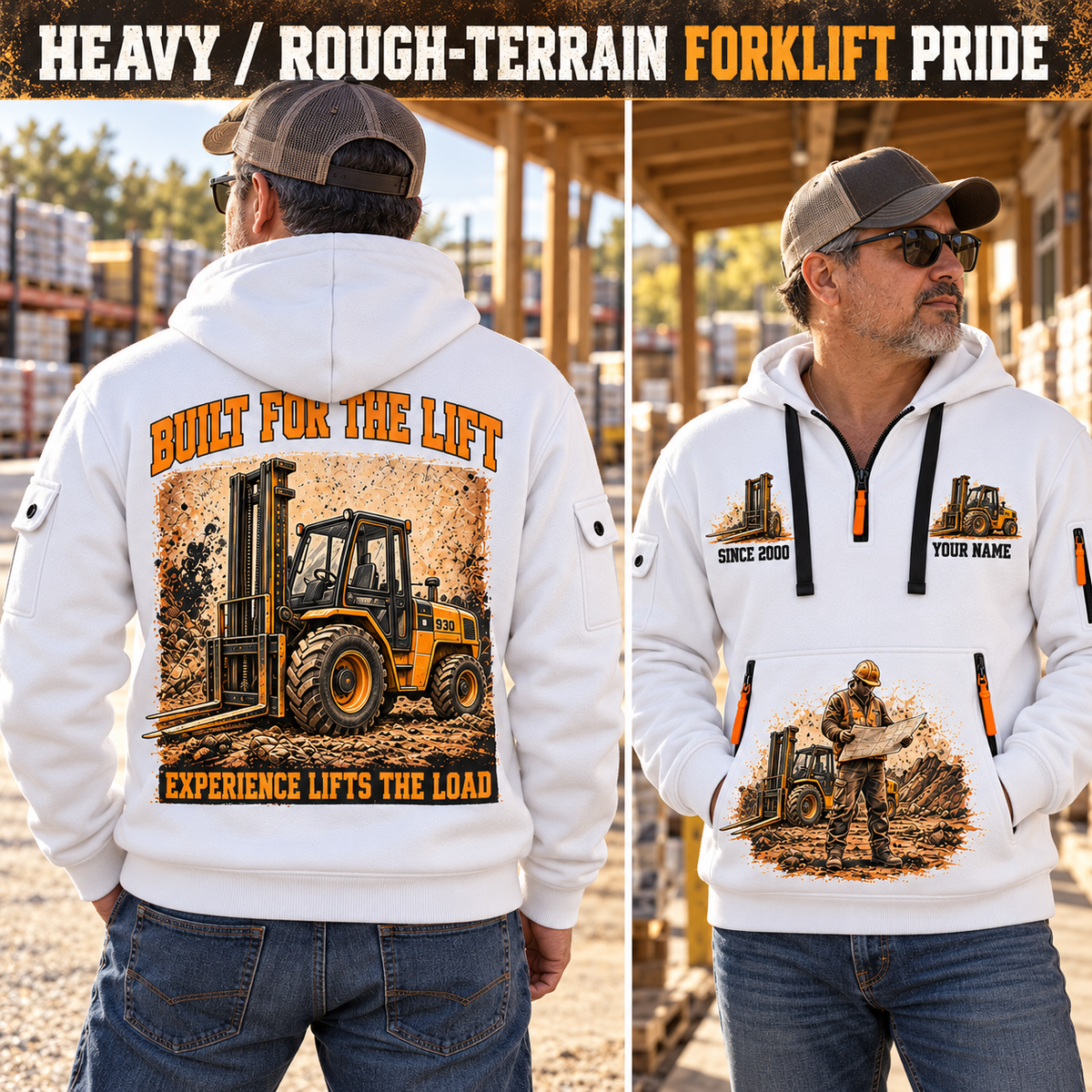 JCB 930 Rough-Terrain Forklift quarter zip hoodie in White, adult lifestyle portrait showing front and back artwork