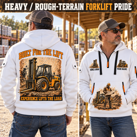 JCB 930 Rough-Terrain Forklift quarter zip hoodie in White, adult lifestyle portrait showing front and back artwork