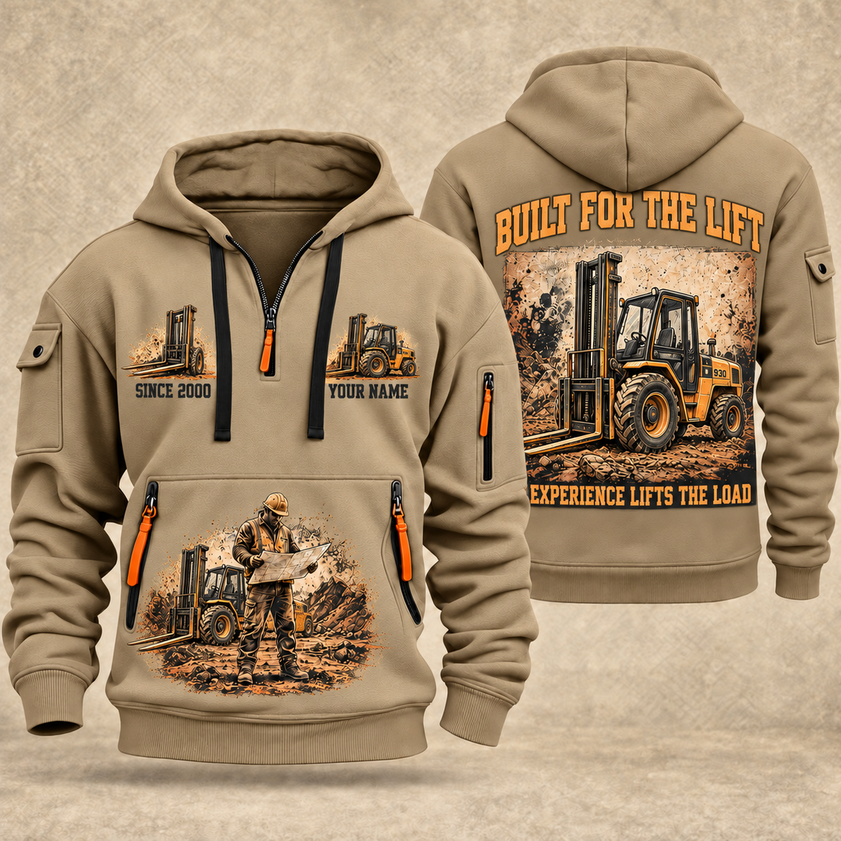 JCB 930 Rough-Terrain Forklift quarter zip hoodie in Khaki, front and back views, sample YOUR NAME and SINCE 2000 artwork