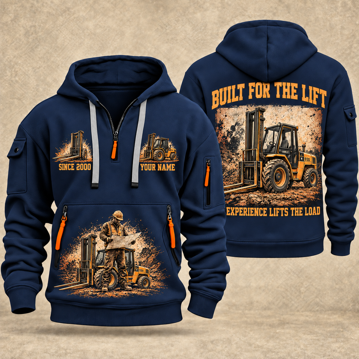 JCB 930 Rough-Terrain Forklift quarter zip hoodie in Navy, front and back views, sample YOUR NAME and SINCE 2000 artwork