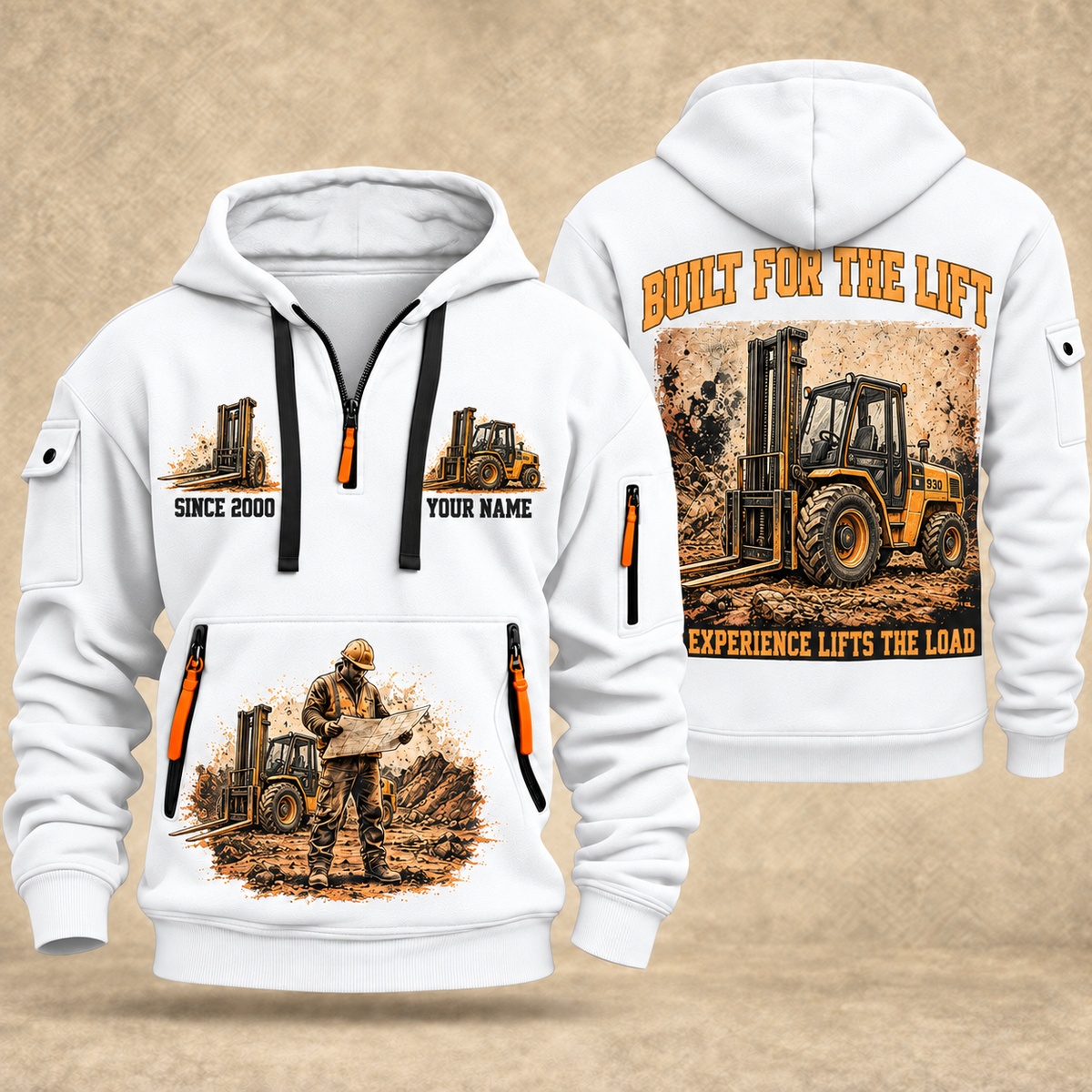JCB 930 Rough-Terrain Forklift quarter zip hoodie in White, front and back views, sample YOUR NAME and SINCE 2000 artwork
