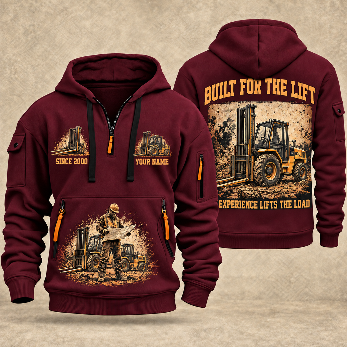 JCB 930 Rough-Terrain Forklift quarter zip hoodie in Wine Red, front and back views, sample YOUR NAME and SINCE 2000 artwork